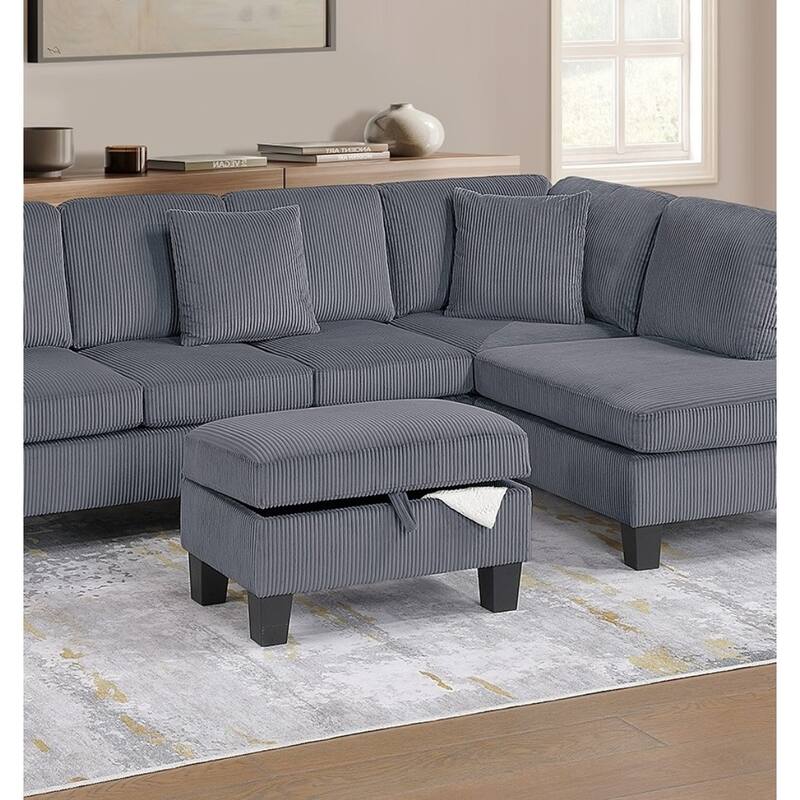 3pc Sectional Set with Chaise, Sofa and Ottoman in Dark Gray Corduroy, Living Room