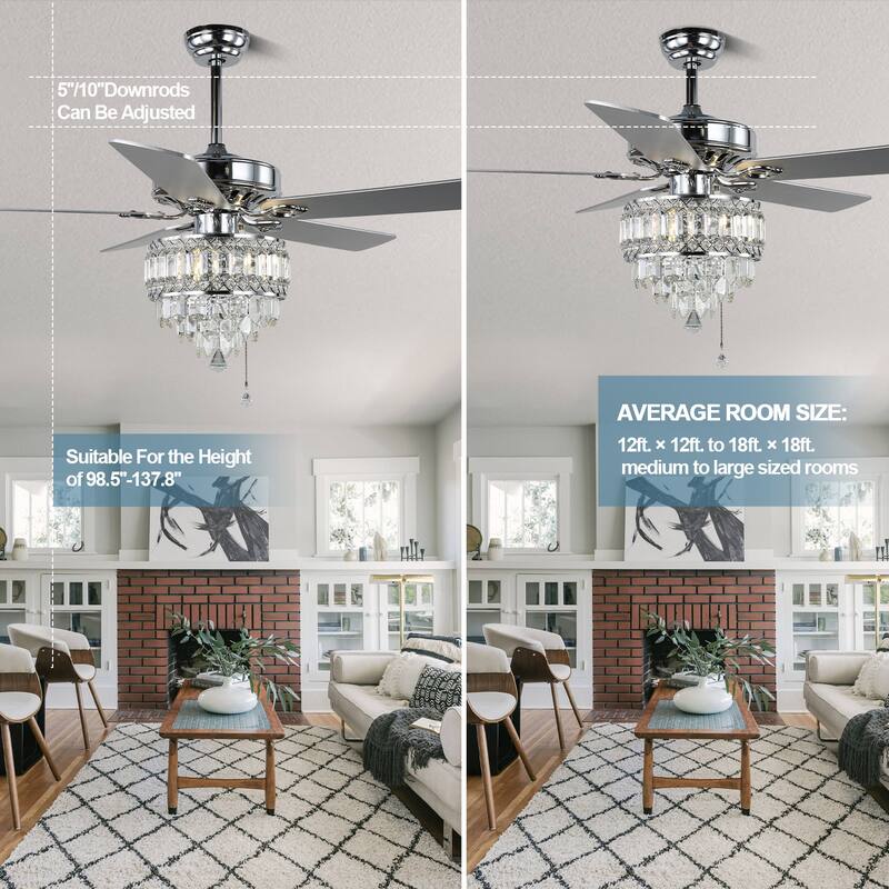 CurveCurio 52-inch Classic Ceiling Fan with Crystal Light Shade, 3 Light, Remote Control and Pull Chain Control for Living Room