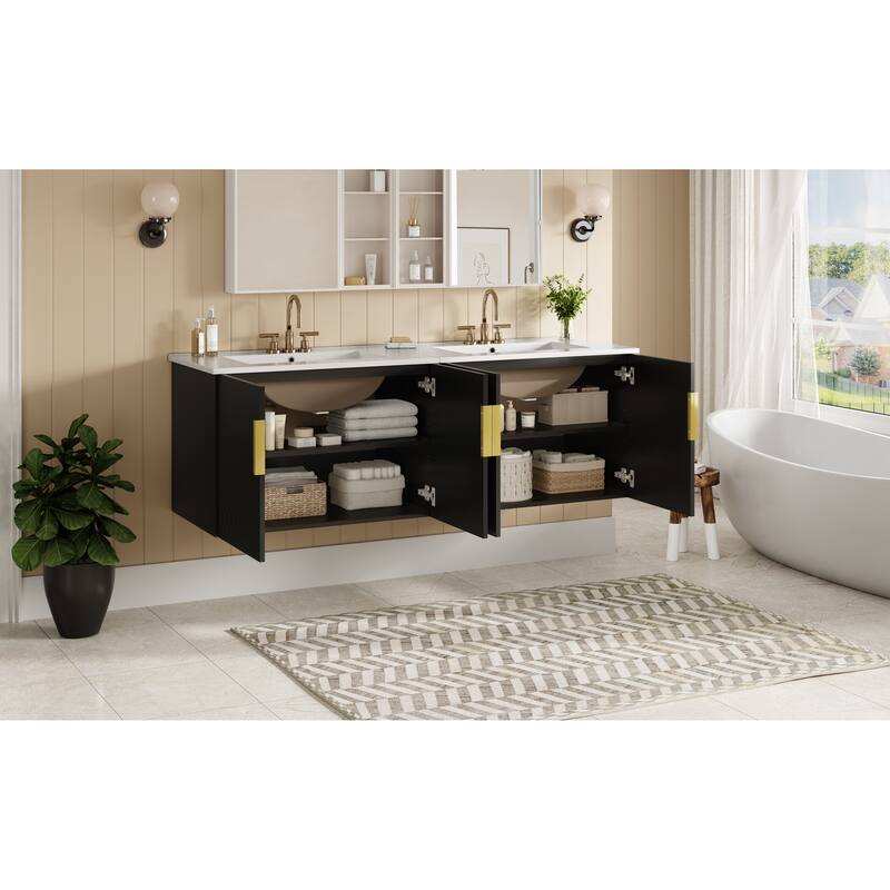 GDFStudio - Marwood Vintage Double Bathroom Vanity Set with 3 Holes Single Ceramic Sink & Soft Closing Doors - 60'W