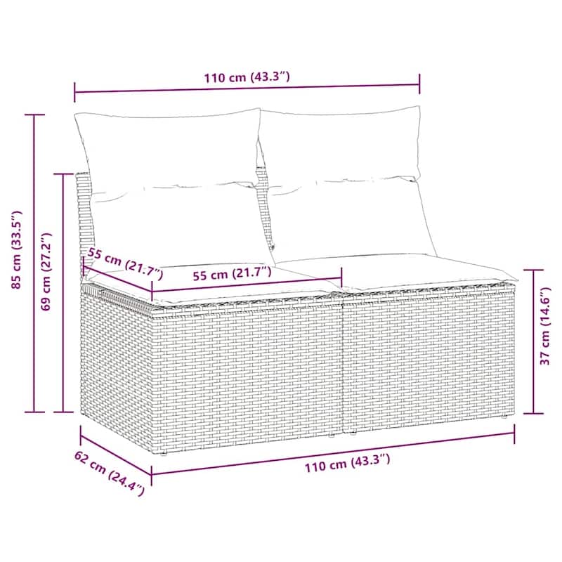 vidaXL Patio Sofa Set with Cushions Modular Sofas 2 Piece Poly Rattan Acacia - 21.7 x 24.4 x 27.2