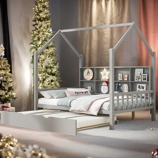 Full Size Wooden House Bed Kids Bed with Trundle and Shelf - Bed Bath ...