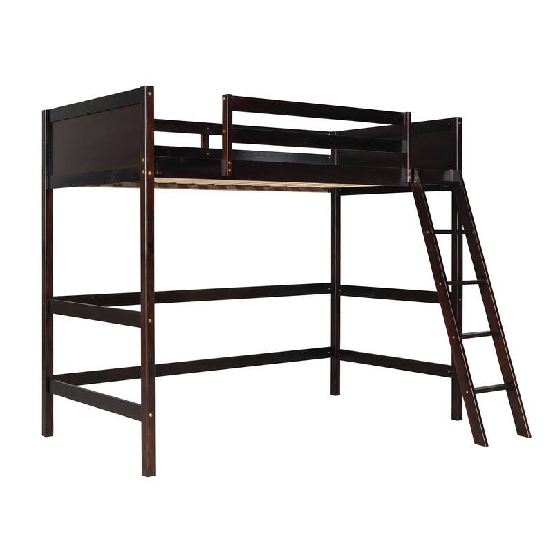 Espresso Twin Size Solid Wood Loft Bed with Ladder and Fence