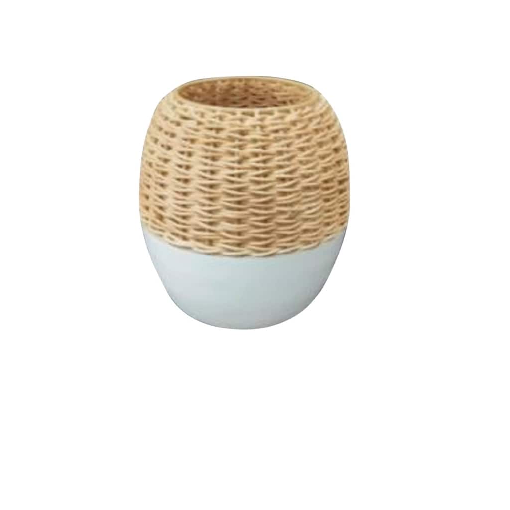 Textured Iron Cane Vase - 8" - Beige and White