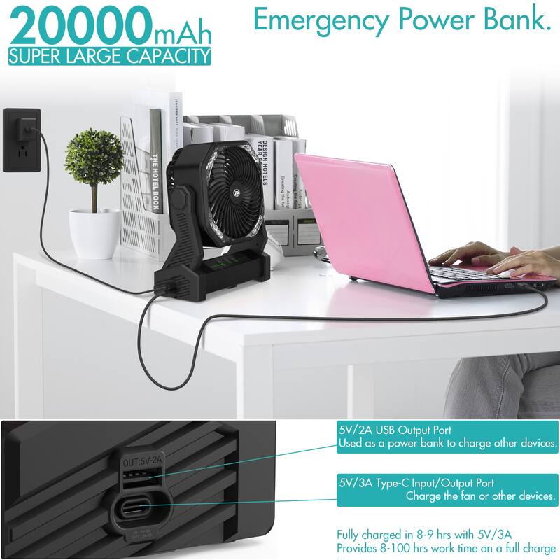 20000mAh Battery Operated Fan Portable Camping Fan with Light and Hook