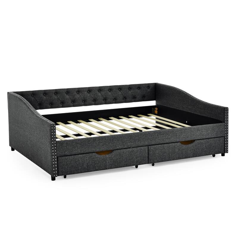 Linen Upholstered Daybed with 2 Drawers, Button-Tufted Backrest & Copper Nail Decoration