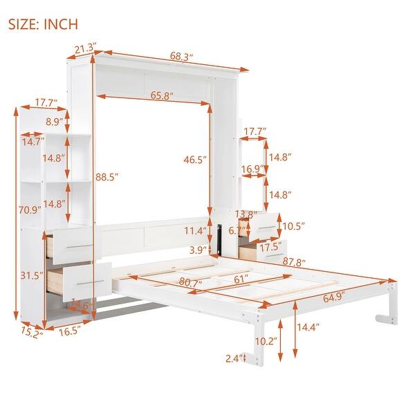 dimension image slide 1 of 2, Roomfitters Queen/Twin Size Murphy Wall Bed with Shelves, Drawers, LED Lights, Space-Saving Design for Modern Living