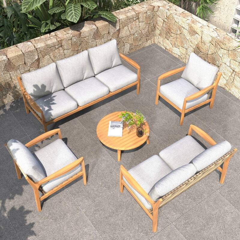 7-seater Modern Outdoor Acacia Wood Sofa Set with Sleek Coffee Table and Removable Cushions - Grey