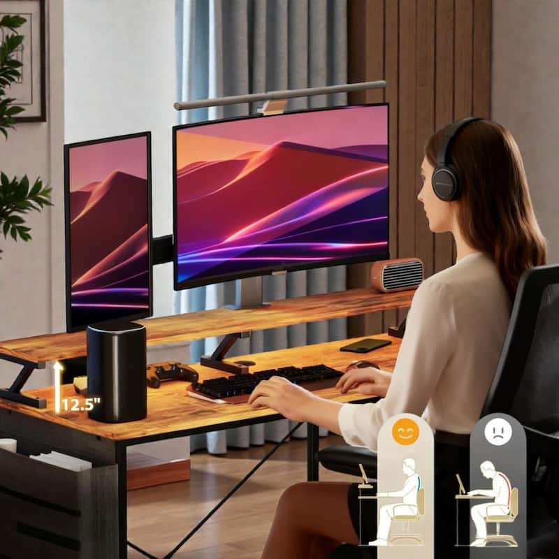 Reversible L Shaped Computer Desk with Power Outlets and LED Lights, Corner Desk with Monitor Stand and CPU Shelf