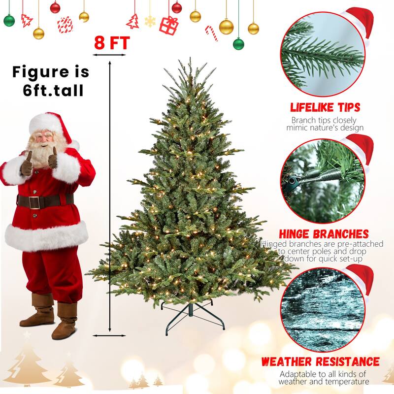 8FT Full-Shape Christmas Tree with 900 UL Lights - PE/PVC Mixed Branches,2673Tips, Wide Base for Spacious Areas,Hinged Structure