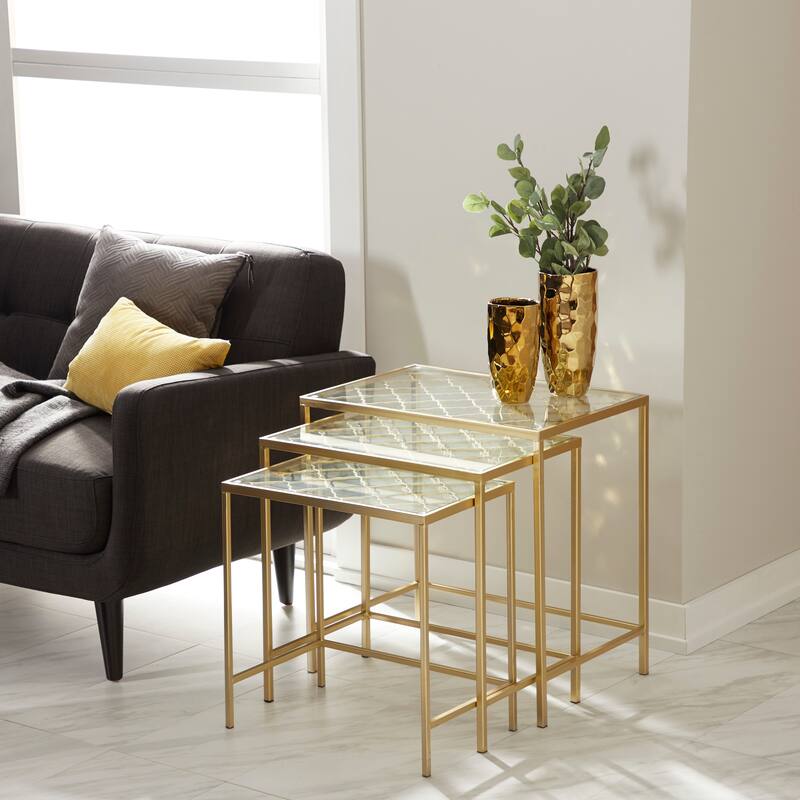 Gold Metal Accent Table with Clear Glass Top (Set of 3) - Gold