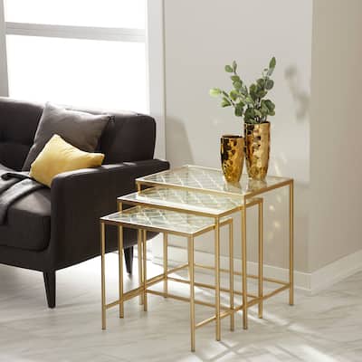 Gold Metal Accent Table with Clear Glass Top (Set of 3)