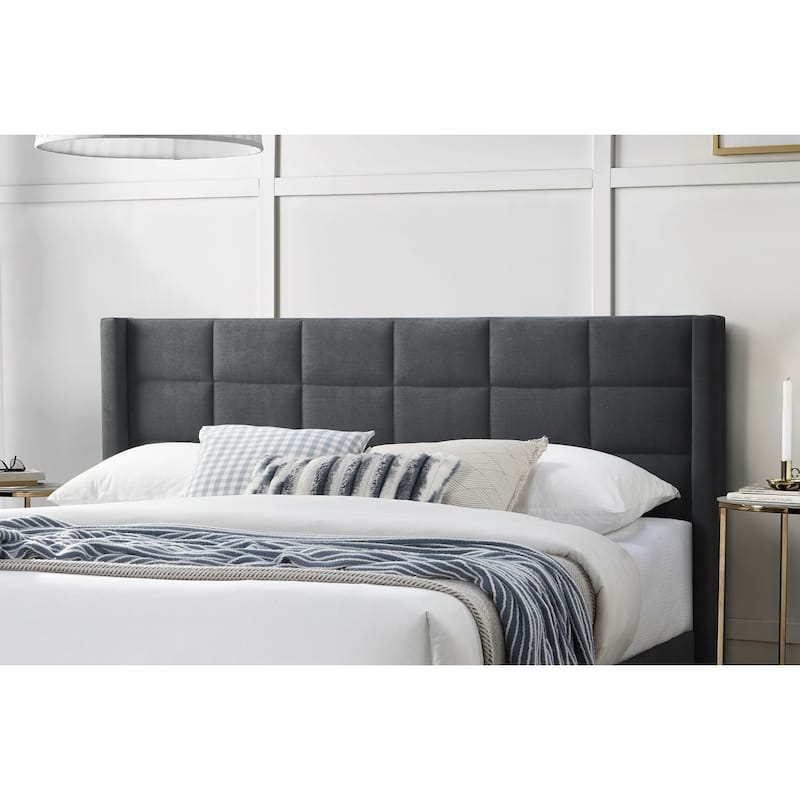 Elegant Modern Charcoal Brushed Linen 1pc Queen Size Bed Upholstered Box Design Headboard Bedframe