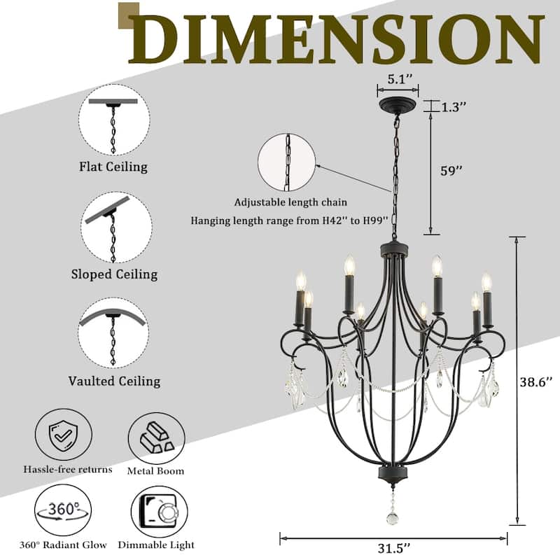 32'' 8-Light Modern Black Mid-Century Modern Candelabra Crystal Chandelier Vintage Candle Pendant Light For Living Room - W32''