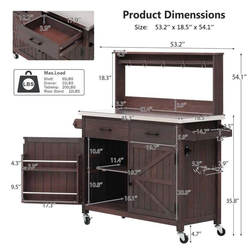 54.1" Outdoor Solid Wood Kitchen Island with Stainless Steel Top, High Shelf & Lockable Wheels