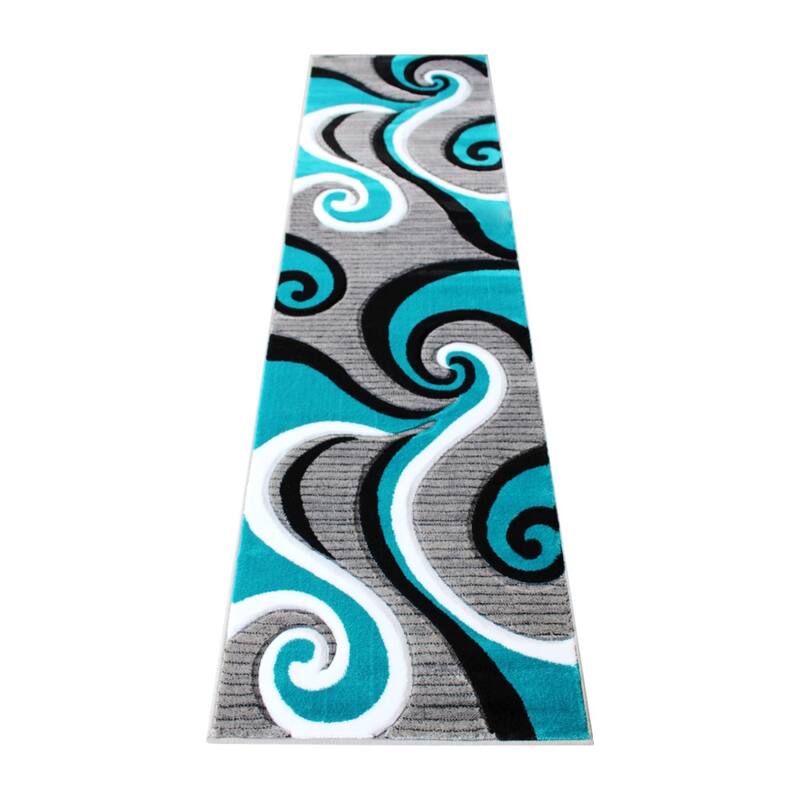 Modern High-Low Sculpted Swirl Design Abstract Area Rug - 2' x 7' - Turquoise