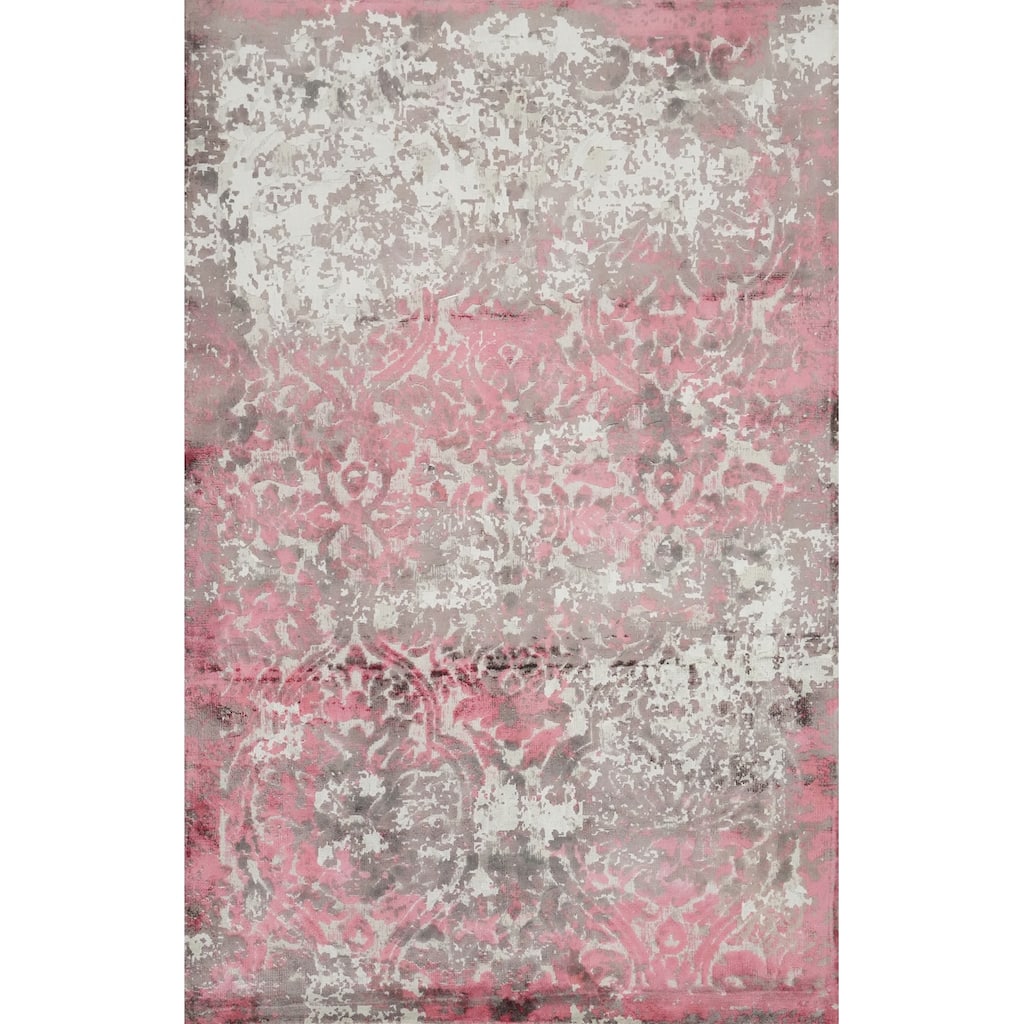 Hand Knotted Oriental Viscose Silk Carpet Modern Geometric Pink Abstract Area Rug - 6' 2'' X 4' 1''