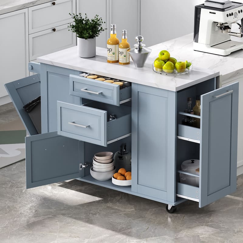 50.7" Kitchen Island with Storage and Concealed Trash Can, Rolling Kitchen Island on 5 Wheels with Drop Leaf, Drawers and Door