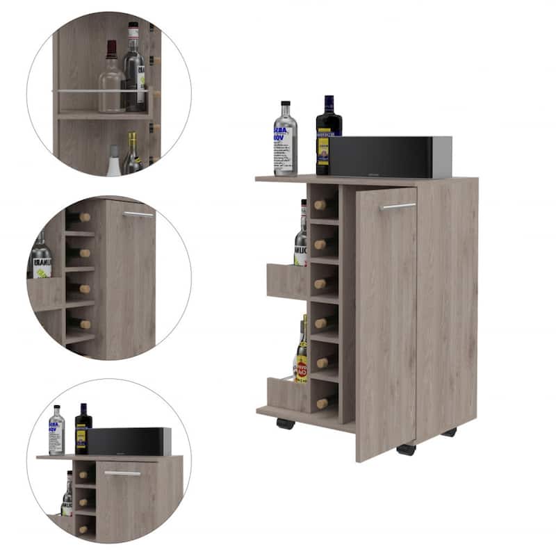 Rolling Bar Cart with Wine Rack and Storage Cabinet on Wheels for Home - 23.7 x 14.8” x 32.4”