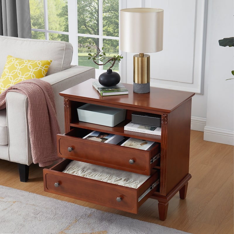 Farmhouse Nightstand with 2 Drawers and Charging Station, Solid Wood Legs, USB Ports & Open Shelf, Fluted Design End Table