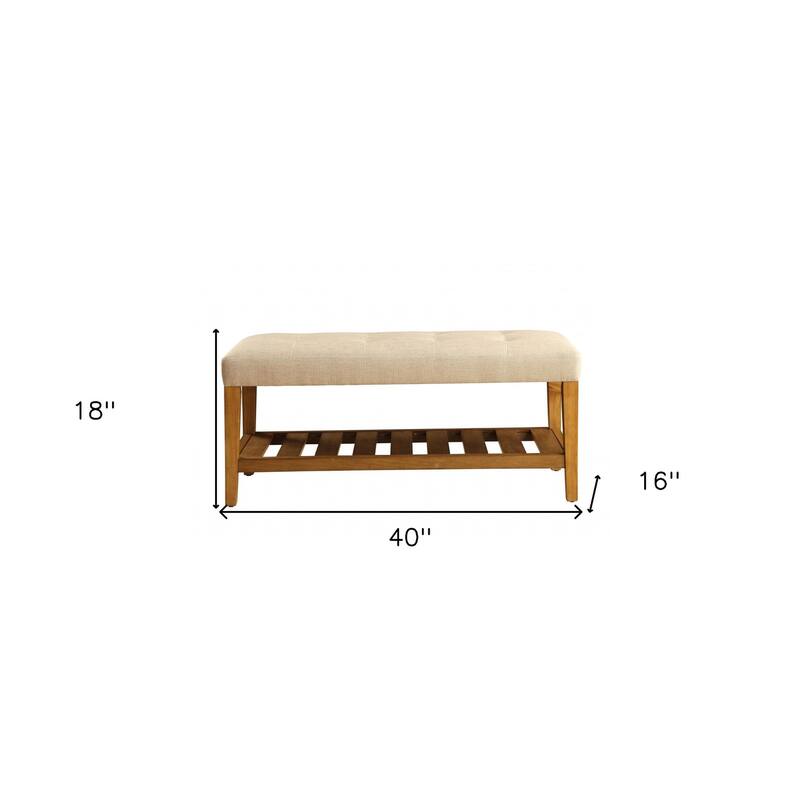 HomeRoots 40" Beige and Brown Upholstered Polyester Bench with Shelves