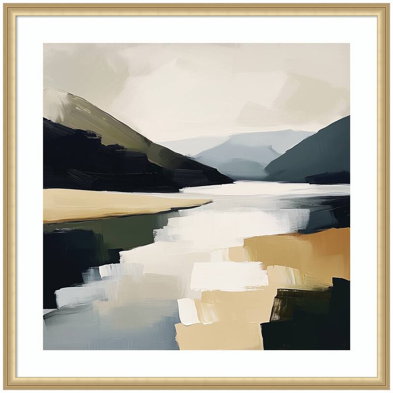 Kate and Laurel Framed Art Mountain Lake Modern Abstract Landscape by The Creative Bunch Studio - 34x34 - Gold