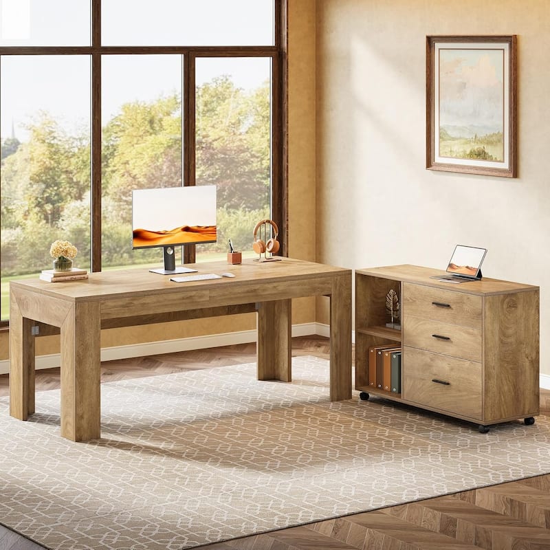 63" L Shaped Executive/Computer Desk/Table Mobile File Cabinet with Drawers/Shelves Home Office Business Furniture