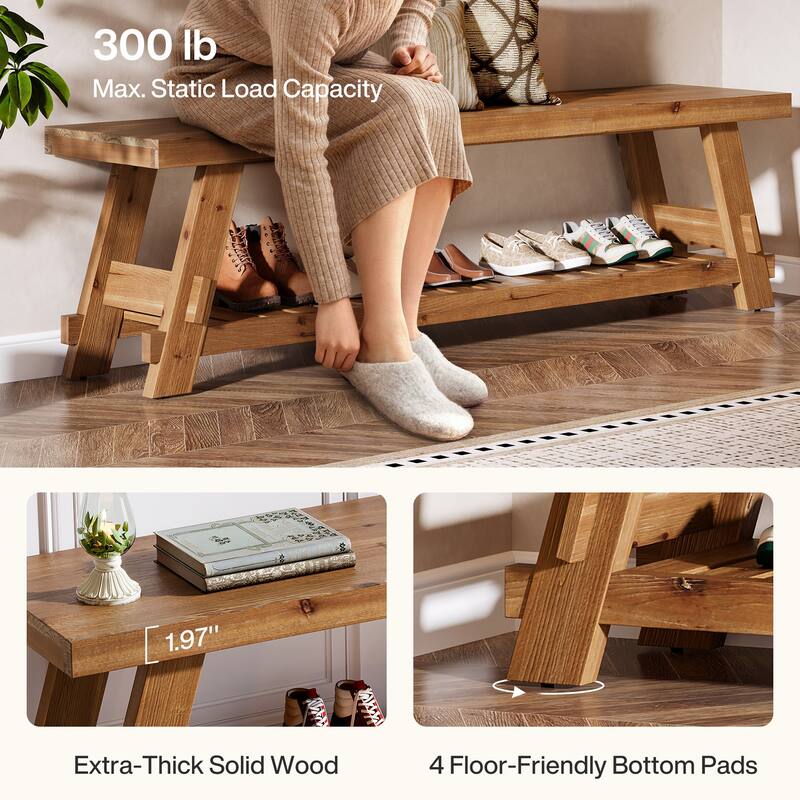 2 Tier Solid Wood Shoe Rack Bench for Entryway, 63 Inch Long Narrow Entryway Bench with Storage Shelf