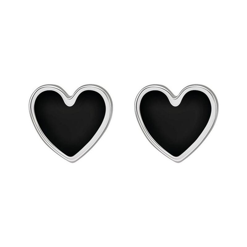 Curata 14k White Gold Polished Black Enameled Heart Stud Earrings - 5.88x5.48mm