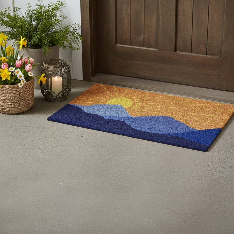 HomeRoots 17" X 29" Brown Blue And Yellow Mountain Sunrise Outdoor Coir Door Mat - 17.00' X '29.00 - 17.00' X '29.00