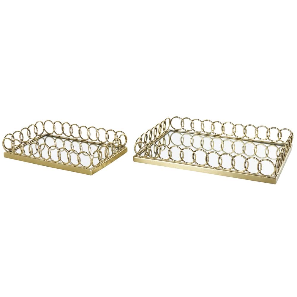 Stainless Steel Metal Geometric Living Room Decor Tray with Mirrored Glass Interior - Set of 2 Gold - Roche River Decor