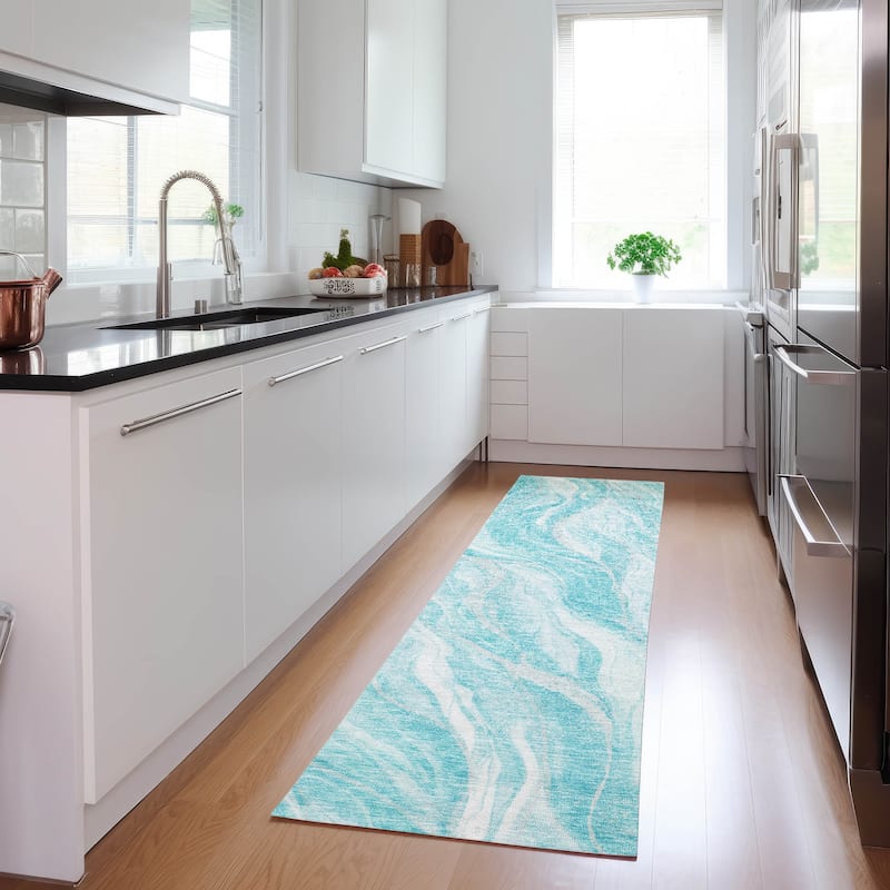 Machine Washable Indoor/ Outdoor Chantille Moden Waves Rug - Teal - 2'3" x 7'6"