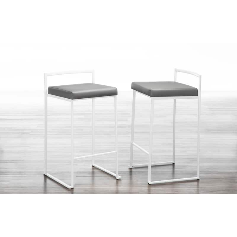 Lumisource Counter Stool in White with Grey Faux Leather - Set of 2 - 16"Lx17.5"Wx31"H