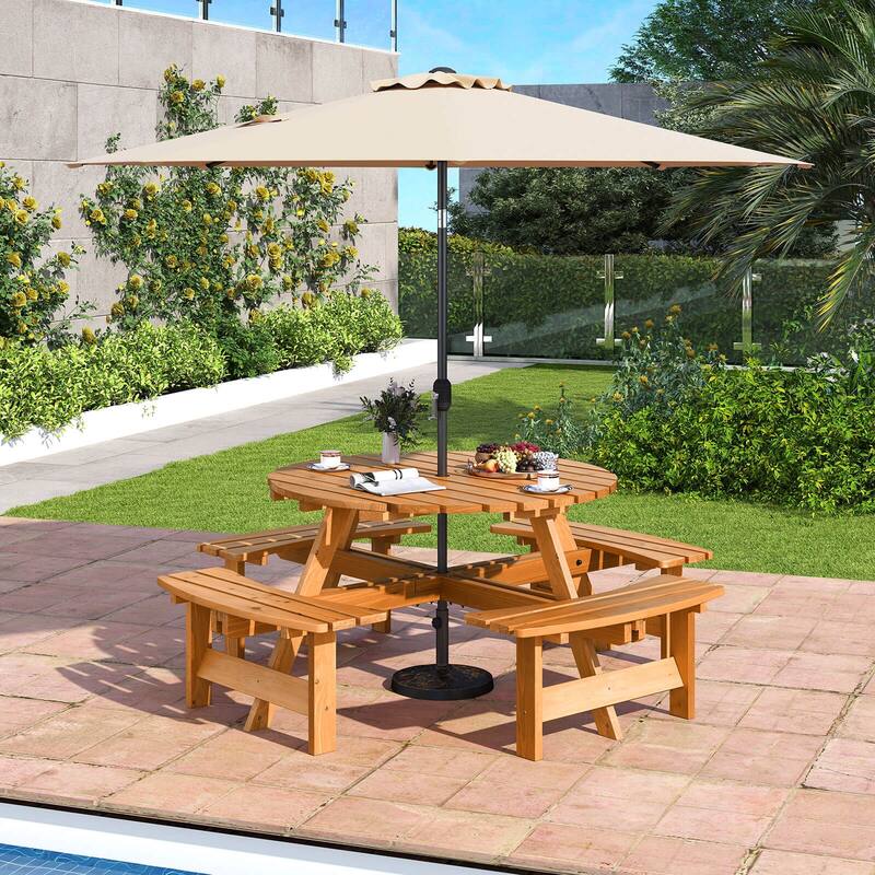 Costway 8-Person Round Picnic Table Set with 4 Built-in Benches 2" - See Details