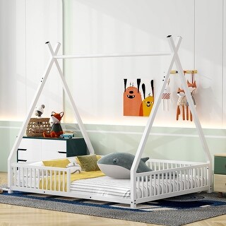Metal Full Size House Platform Bed with Triangle Structure, Fence Guardrail & Horizontal Rod
