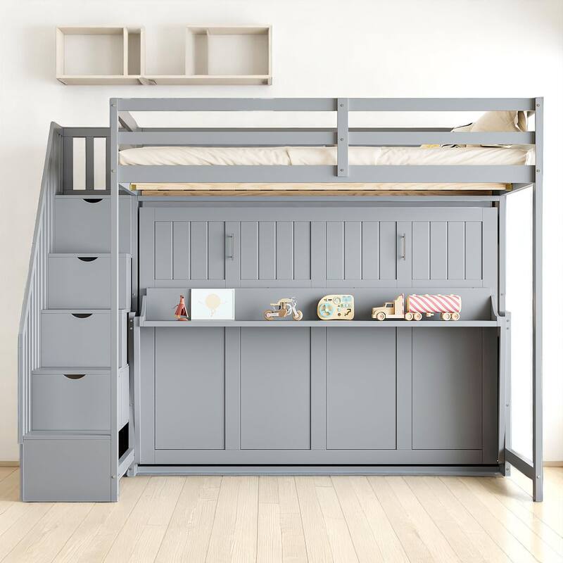 Full Size Wall Murphy Bed with Loft & Bunk Conversion, Hydraulic Lift, Hidden Desk, and Storage Steps - Grey - Full