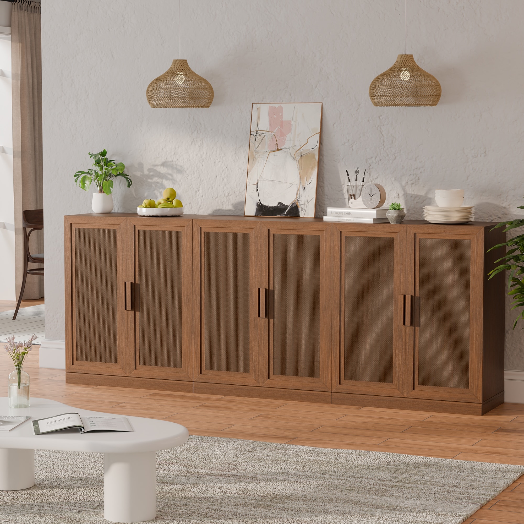 3-Set Rattan Door Sideboard Buffet Storage Cabinets with Adjustable Shelves - 93"Lx36"H