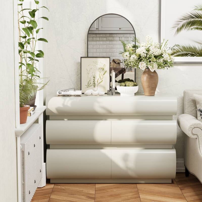 Modern Bedroom Dresser with Wide Storage Drawers, No Handle - White-6 Drawers