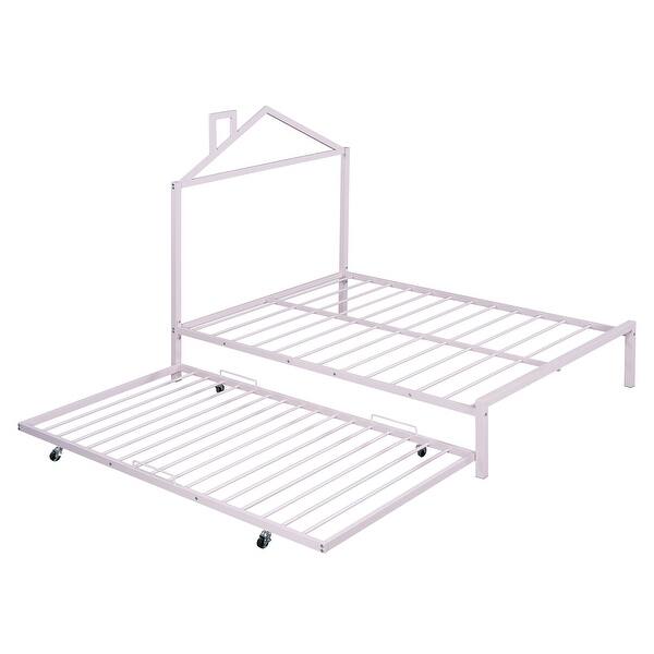 slide 2 of 14, Full Metal Platform Bed with Trundle & House-Shaped Headboard, Pink Pink - Full