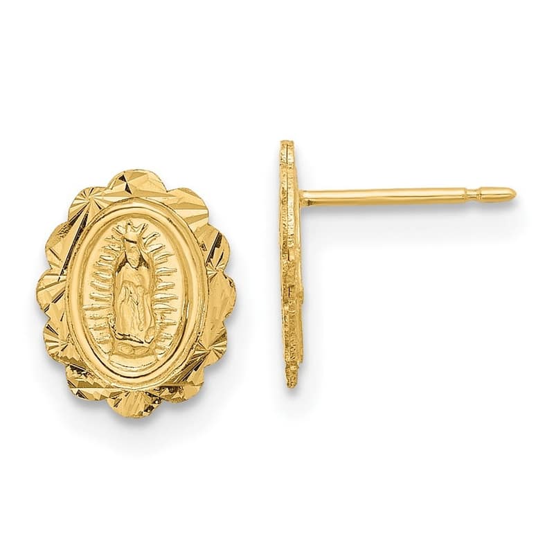Curata 14k Yellow Gold Sparkle Cut Miraculous Medal Pendant Necklace Post Earrings - 9.3x7.5mm