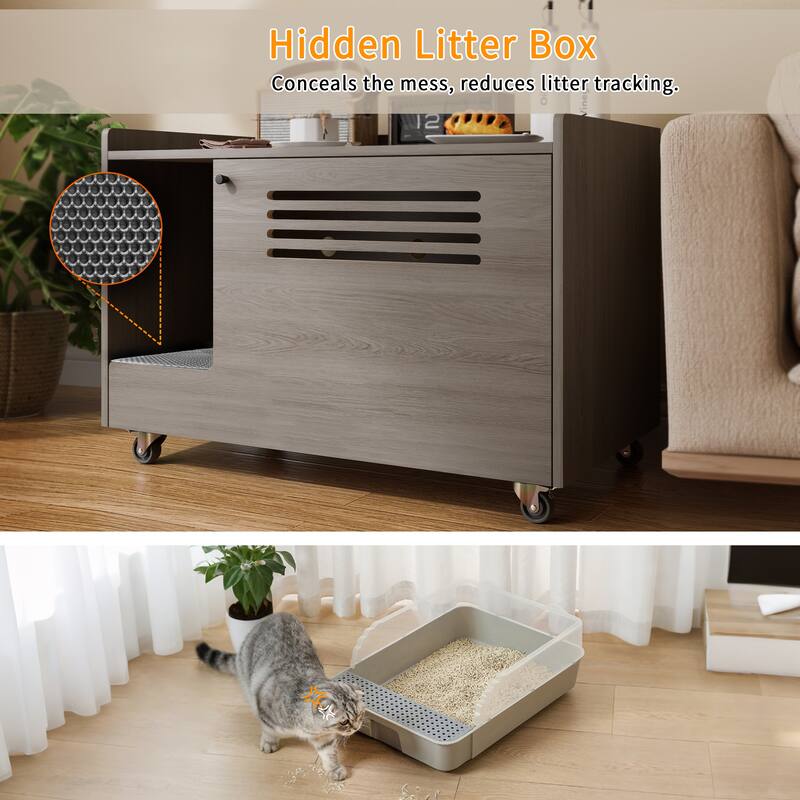 Cat Litter Box Enclosure, Hidden Litter Box Furniture with Wheels, Pet House Decorative Side End Table