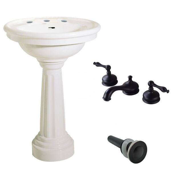 slide 6 of 8, 26" W Oval Biscuit Pedestal Bathroom Sink Porcelain Sink Basin, Pedestal Leg, 8" Faucet, Drain, and Overflow Renovators Supply Cream