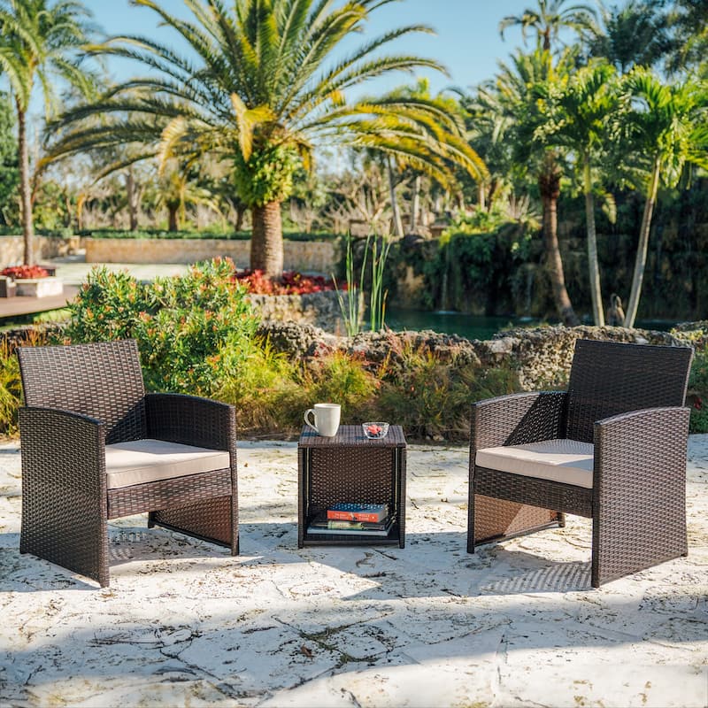 Nestl 3 Piece Patio Furniture Wicker Conversation Set - Brown Frame/Beige Cushions