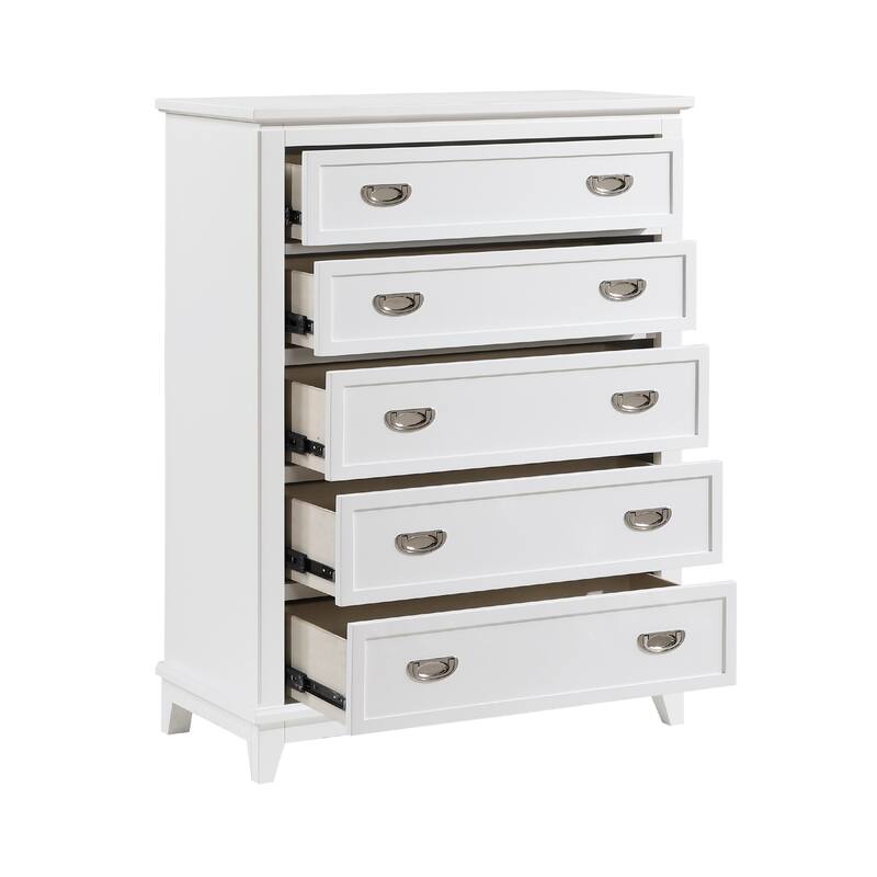 Sely Tall Dresser Chest, 5 Drawers, White Wood, Nickel Ring Handles