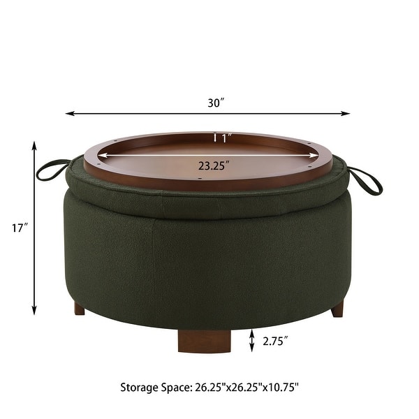 dimension image slide 2 of 10, 30" Round Boucle Storage Ottoman with Reversible Tray Lid & Wood Legs