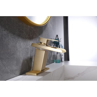 Brushed Gold Waterfall 3 Color LED Single Handle Bathroom Sink Faucet, Pop Up Brass Overflow Drain
