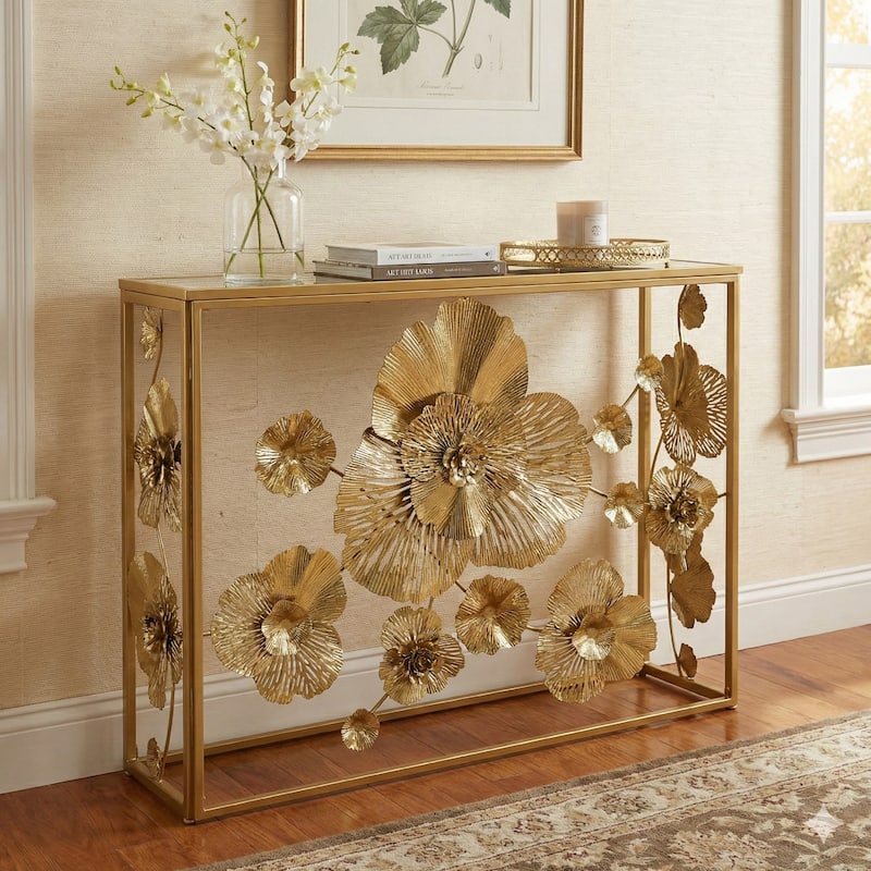 39 Inch Mirrored Top Console Table, Elegant Floral Design, Iron, Matte Gold