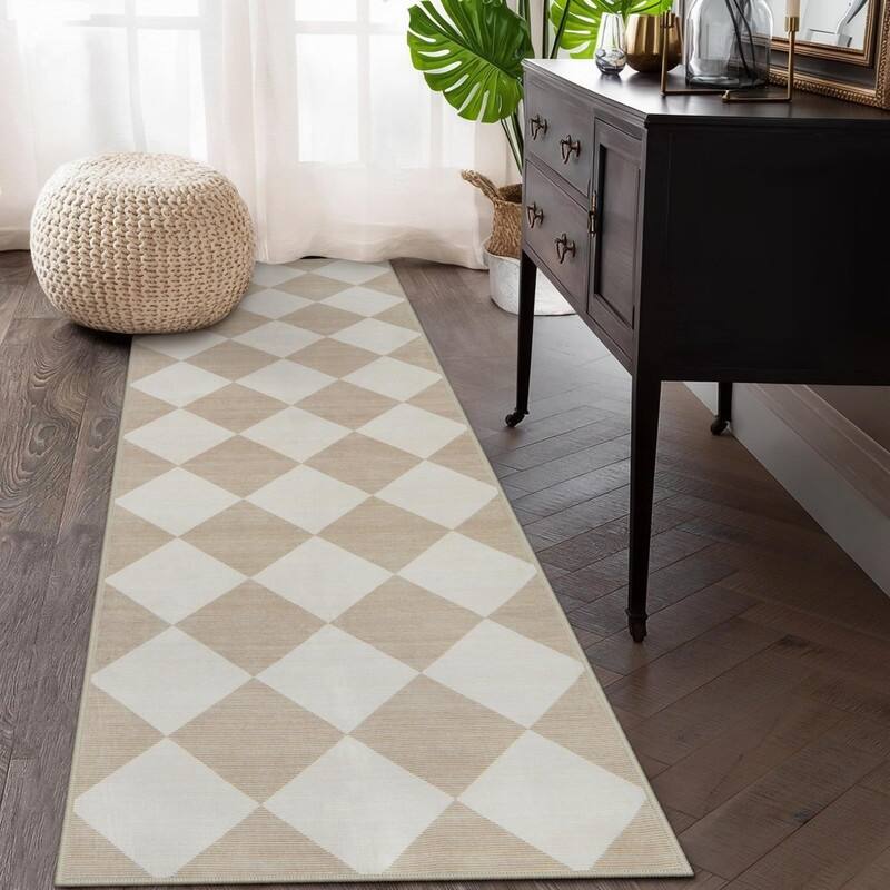 Checkered Long Hallway Runner Rug Non Slip, Beige