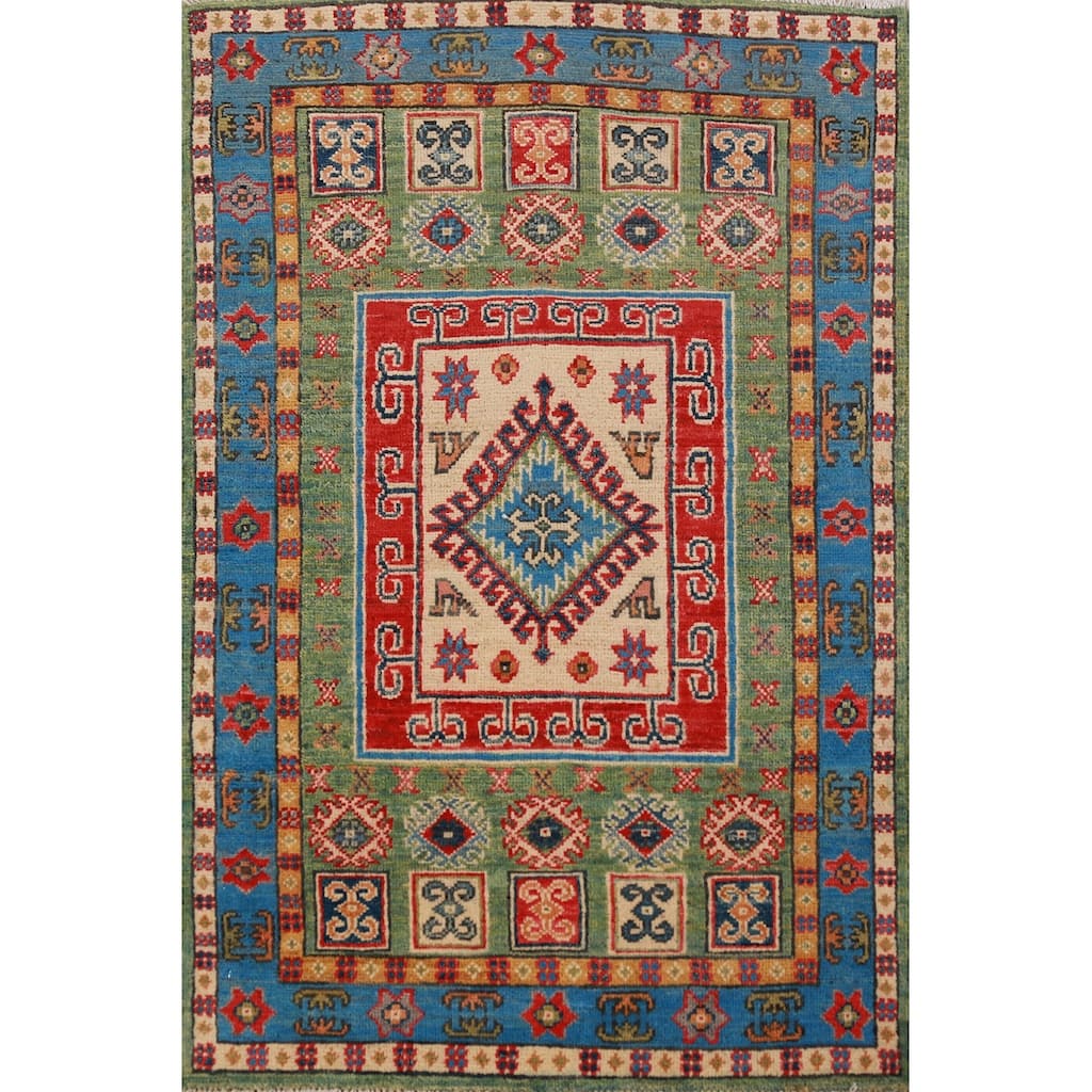 Green Kazak Foyer Rug Hand-Knotted Wool Carpet - 2'8"x 3'11"