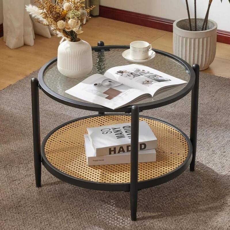 25.59in Double-Layered Circular Rippled Glass + PE Rattan Panel, Black Iron Frame Coffee Table