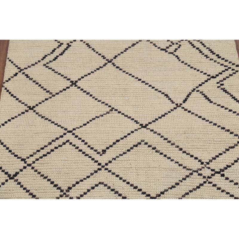 Ivory Striped Moroccan Oriental Rug Hand-Knotted Wool Carpet - 3'11"x 6'8"